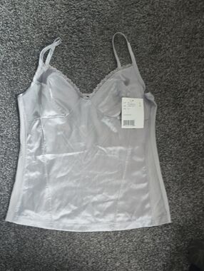 Light Grey Satin Camisole with Lace Trim And Cotron Stretch Back